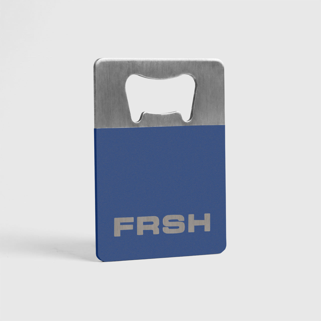 FRSH Bottle Opener in frozen blue color, a sleek metal accessory for opening bottles with ease.