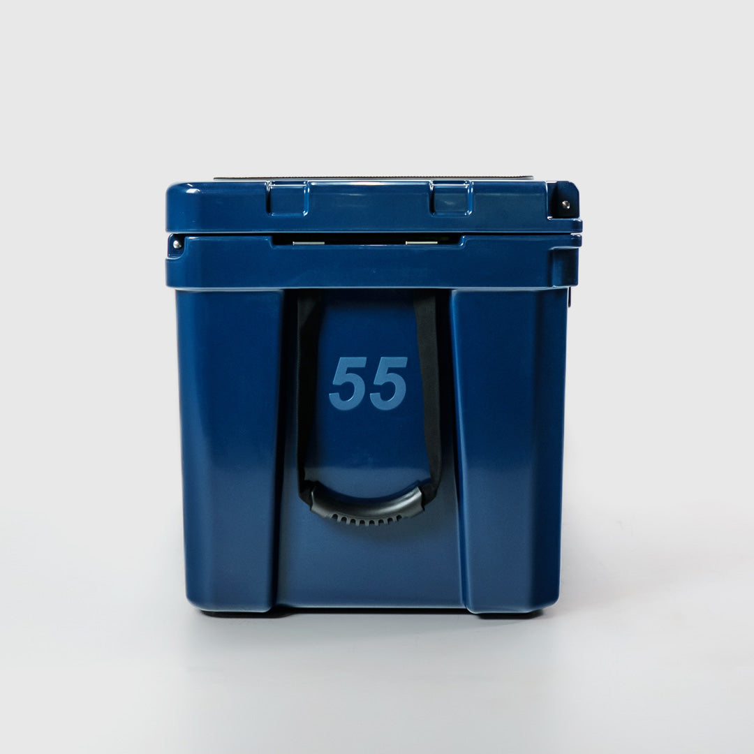 FRSH 55L hard cooler in frozen blue with sturdy handle and secure latch, ideal for outdoor trips and keeping items cold.