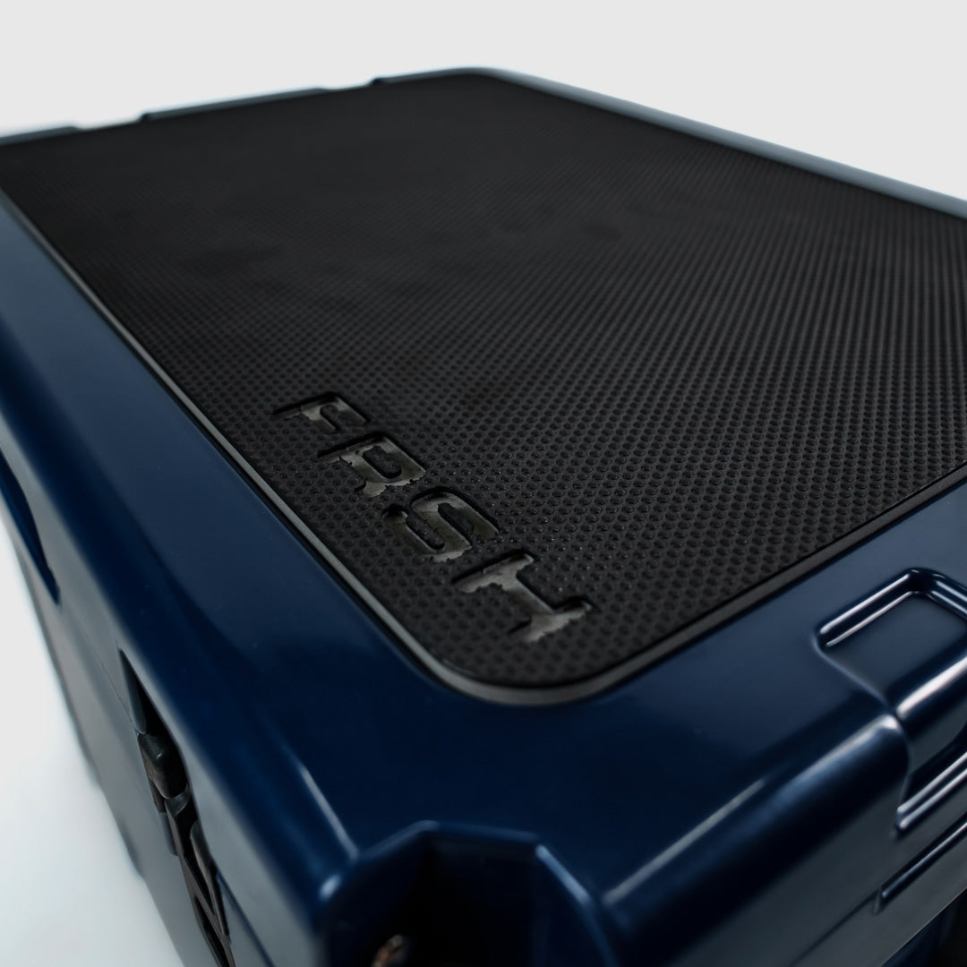 FRSH 55L hard cooler in frozen blue with sturdy handle and secure latch, ideal for keeping food and drinks cold.