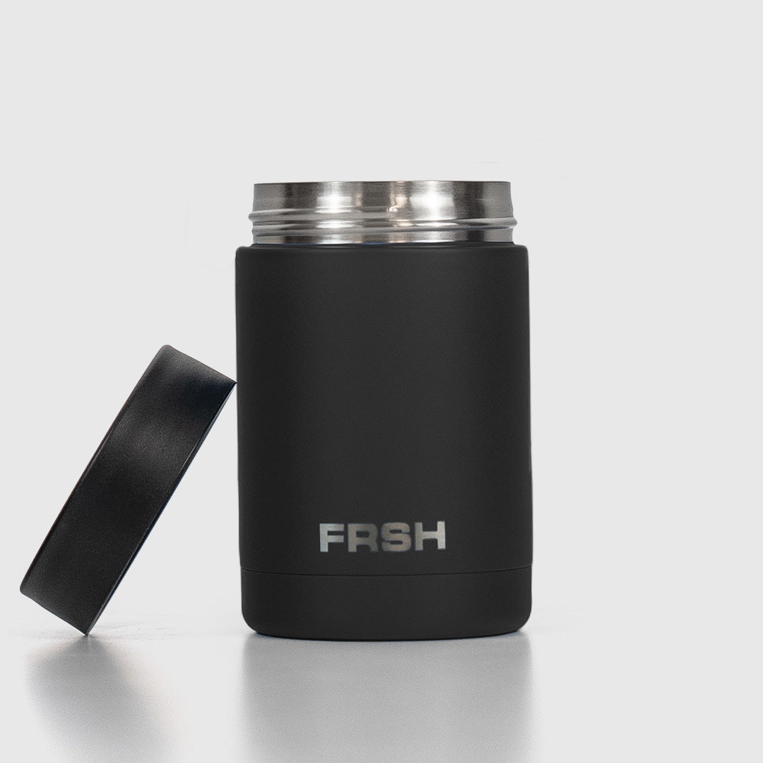 Black FRSH 375ml can cooler holding a beverage can, designed to keep drinks cold and showcase the brand's stylish insulation.