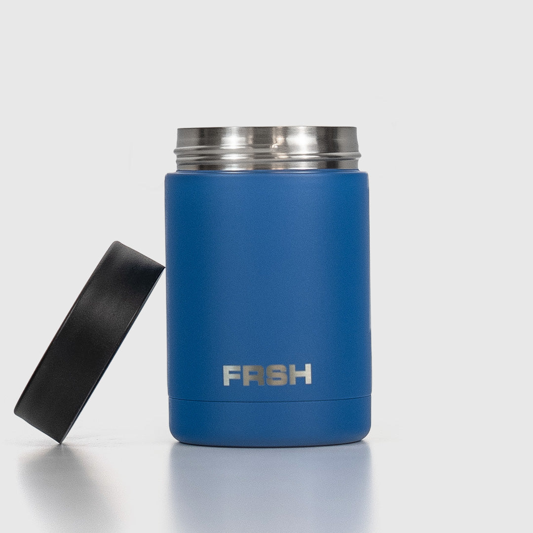 Dark blue FRSH 375ml can cooler with insulated design, keeps drinks cold, shown on a plain background.