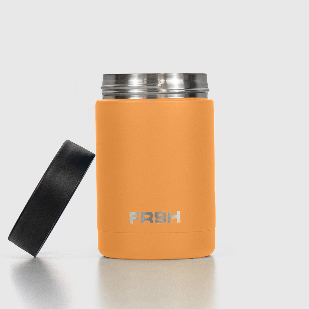 Orange FRSH 375ml can cooler with a snug fit, designed to keep beverages cold and prevent condensation.