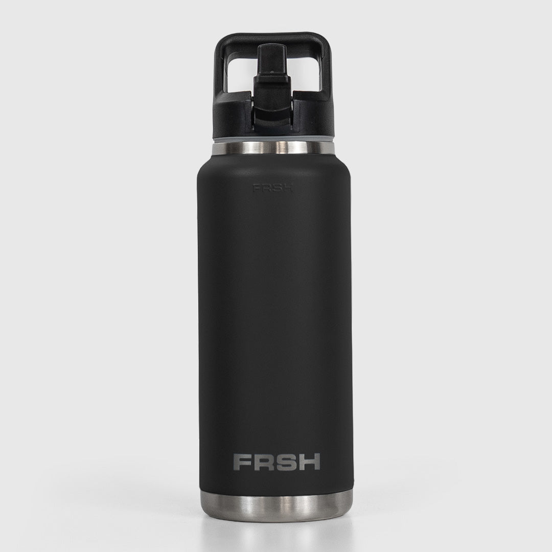 Black 1000ml FRSH bottle with sip lid, durable tumbler for beverages, featuring a sleek design and secure lid.