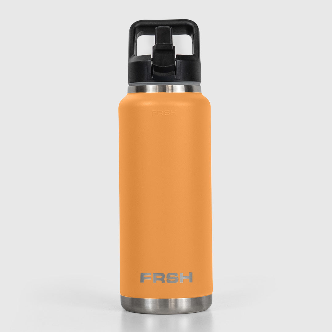 Orange FRSH water bottle with 750ml capacity and sip lid, designed for easy hydration on the go.