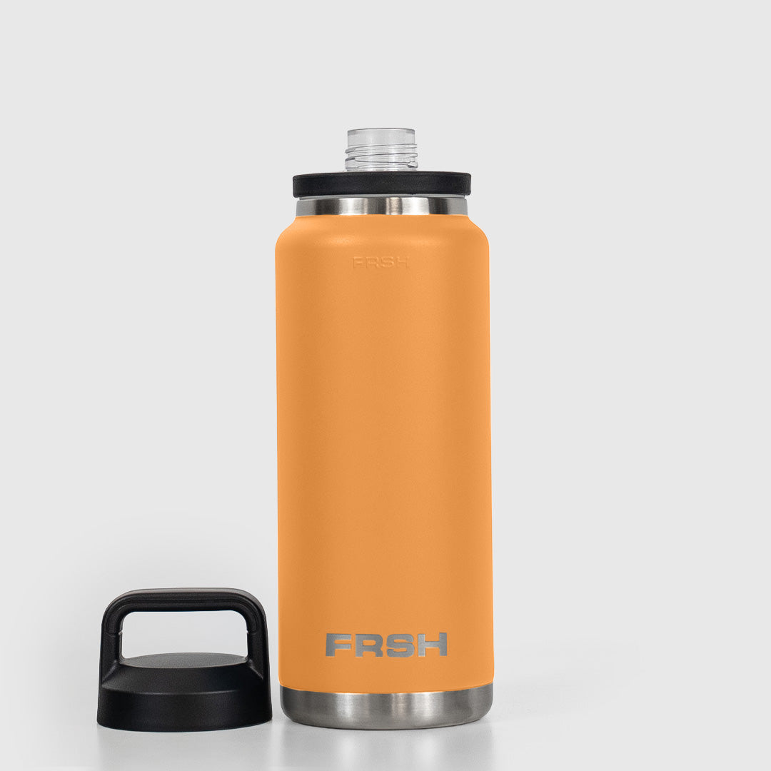 Orange 1000ml FRSH bottle with chug lid, durable tumbler design for hydration and easy drinking.