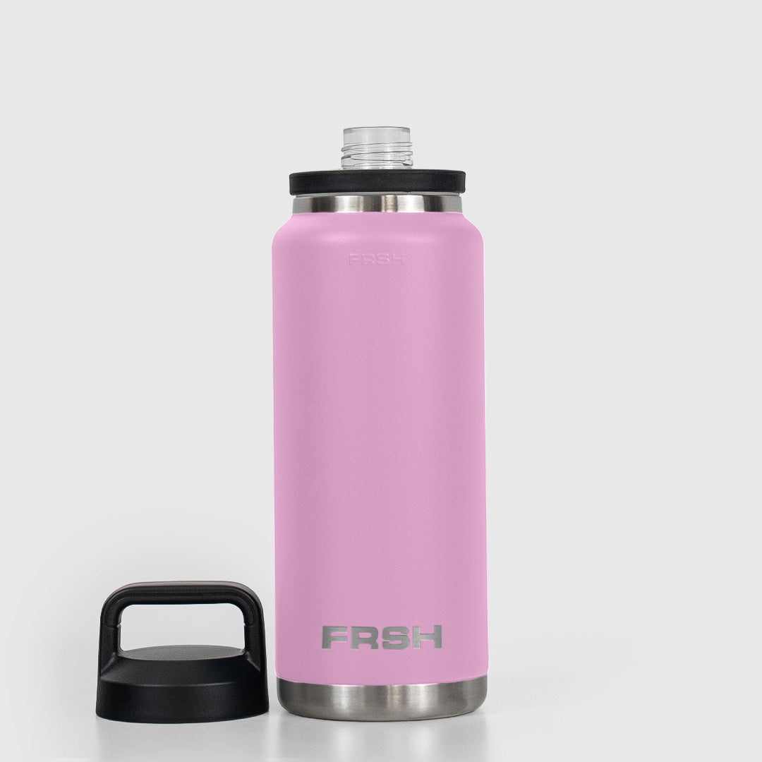Pink FRSH 1000ml bottle with chug lid showing a sleek design and secure lid, ideal for hydration on the go.