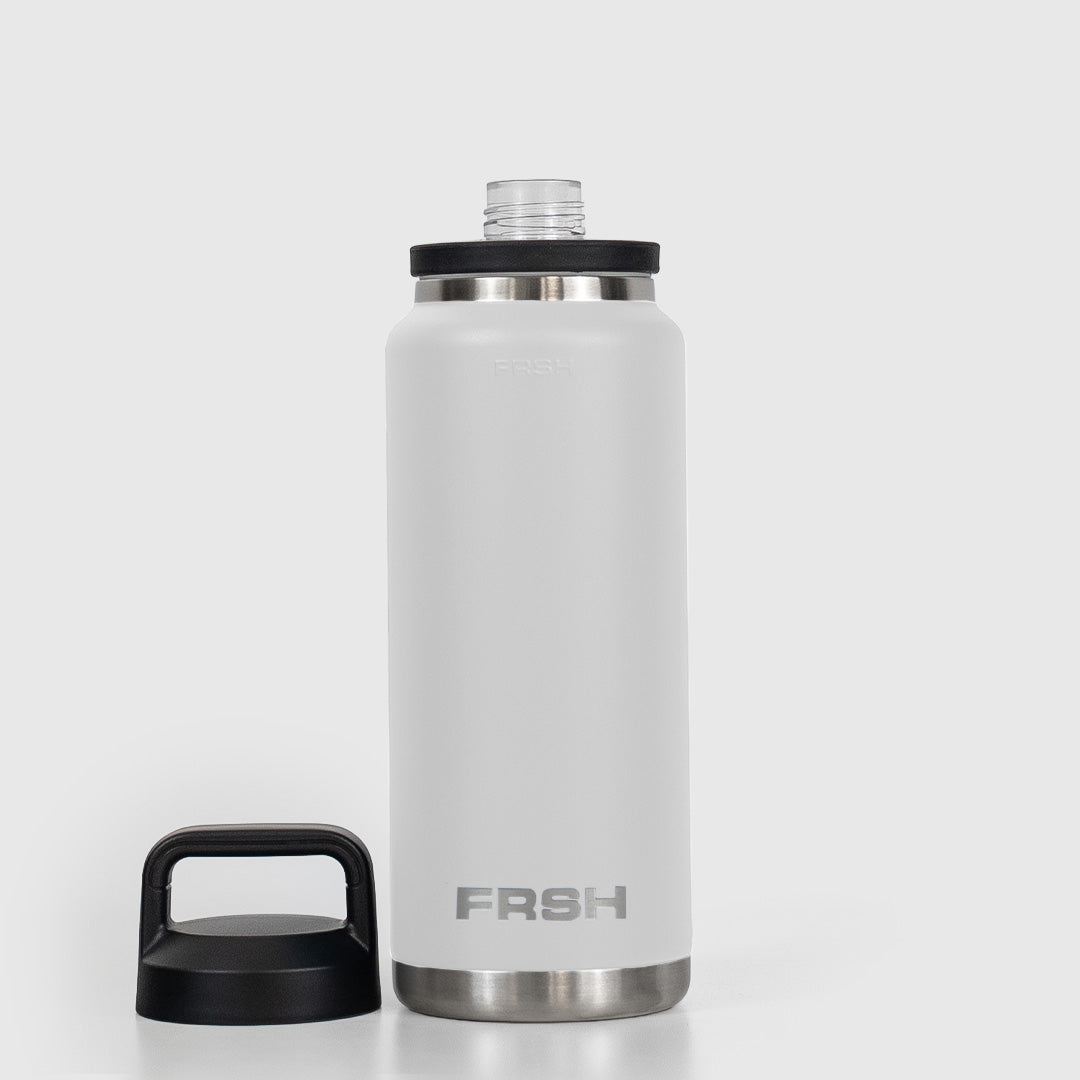 White 750ml FRSH bottle with chug lid, durable tumbler-style water bottle for hydration and outdoor use
