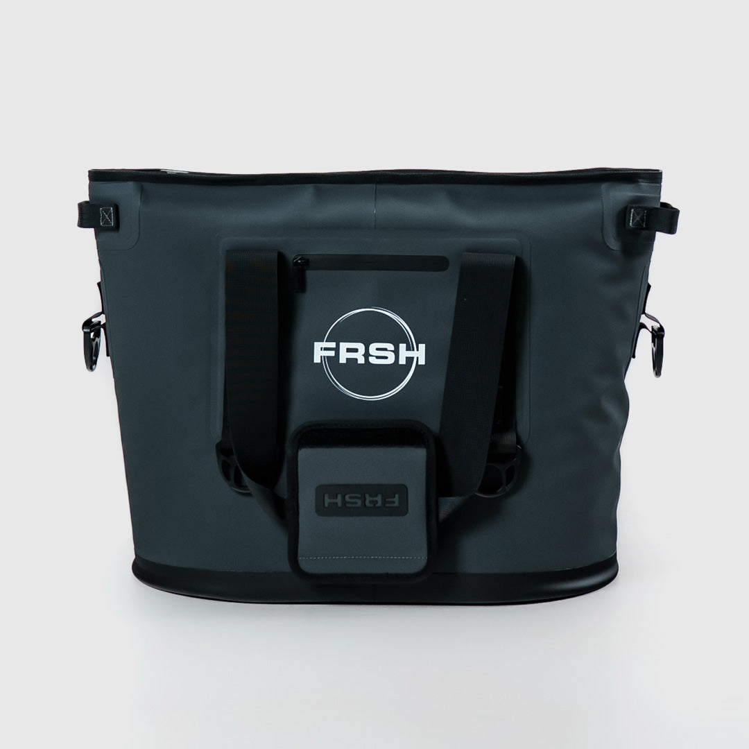 FRSH 30L soft cooler with carbon-colored exterior, insulated storage for drinks and food, portable and lightweight design.