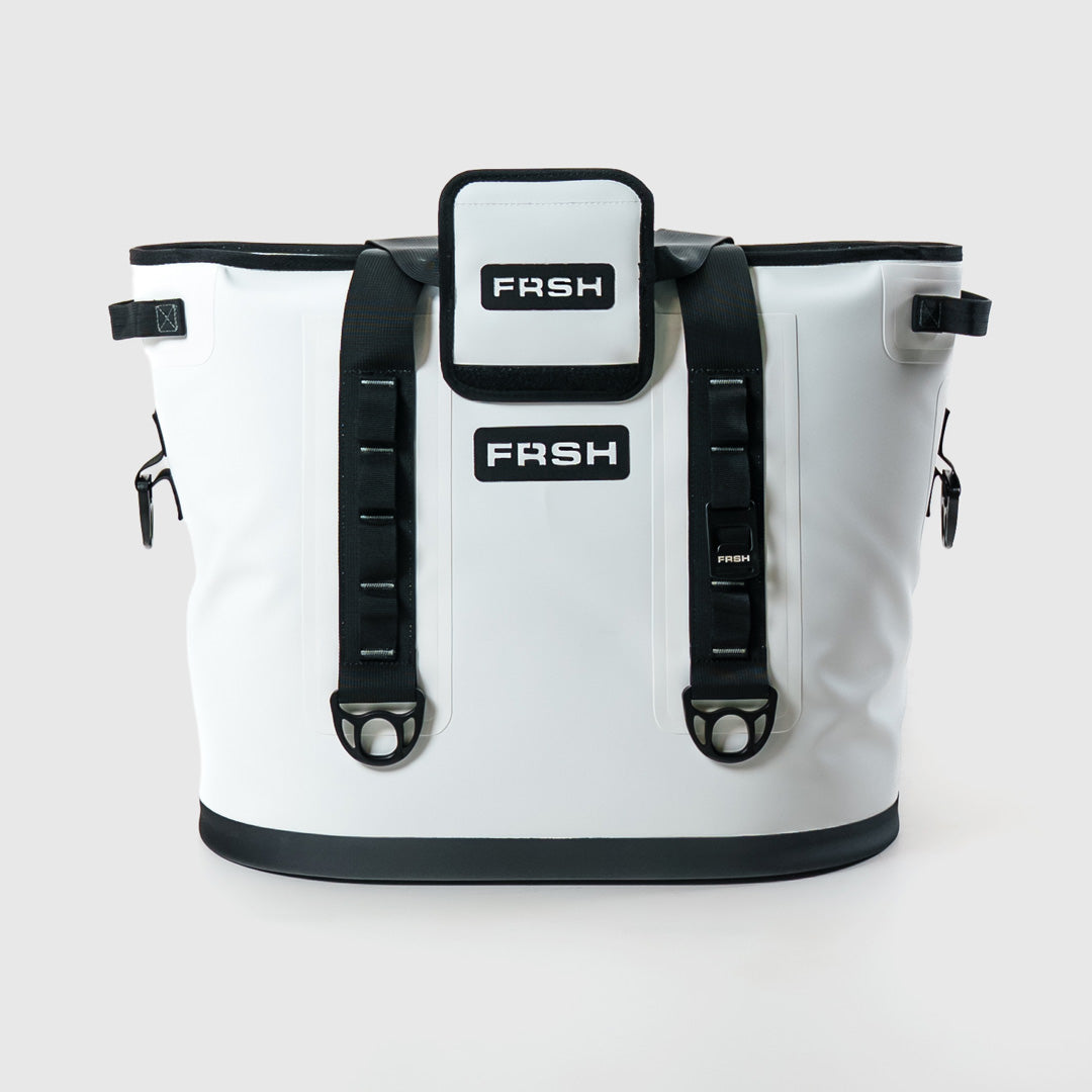 FRSH 30L soft cooler in whiteout color, showing a portable insulated cooler bag with zipper closure and carrying handle.