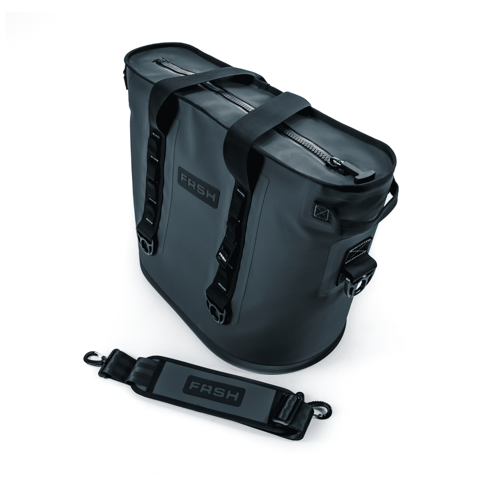 FRSH 30L soft cooler with insulated top lid, featuring a sturdy handle and zipper closure for portable cooling.