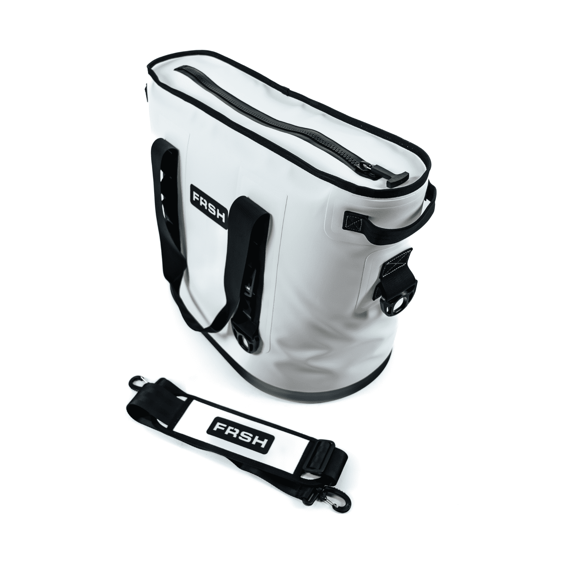 FRSH 30L soft cooler shown from a top 45-degree angle, featuring a durable fabric exterior and adjustable shoulder strap.
