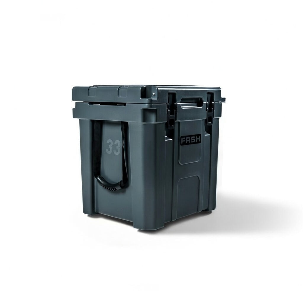 FRSH 33L hard cooler with sturdy exterior and secure latch, ideal for outdoor trips and keeping food and drinks cold.