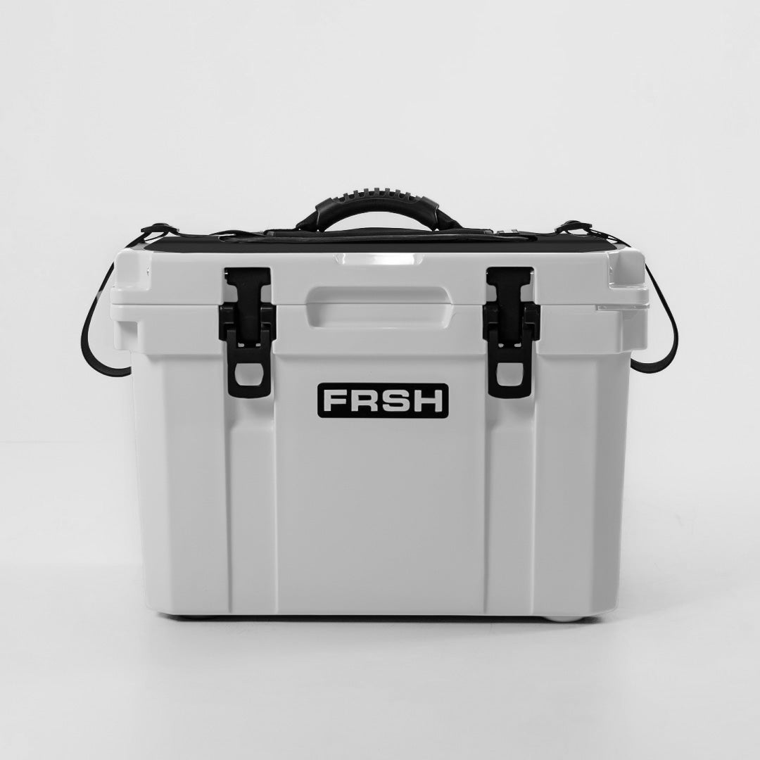 FRSH 17L white hard cooler with sturdy insulated design and secure latch, ideal for outdoor and camping use.
