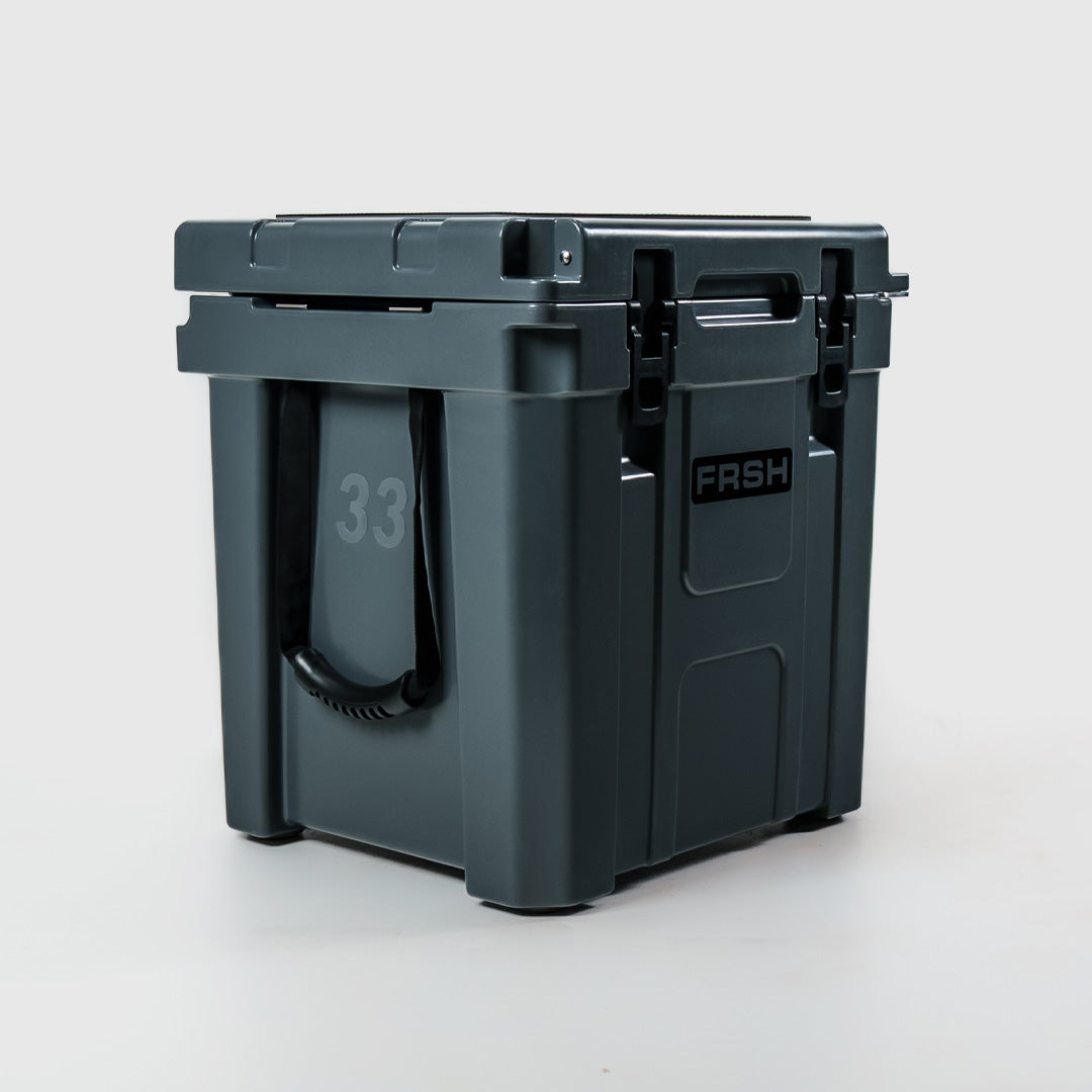 FRSH 33L hard cooler with carbon finish, sturdy insulated cooler for keeping food and drinks cold, outdoor and camping gear.