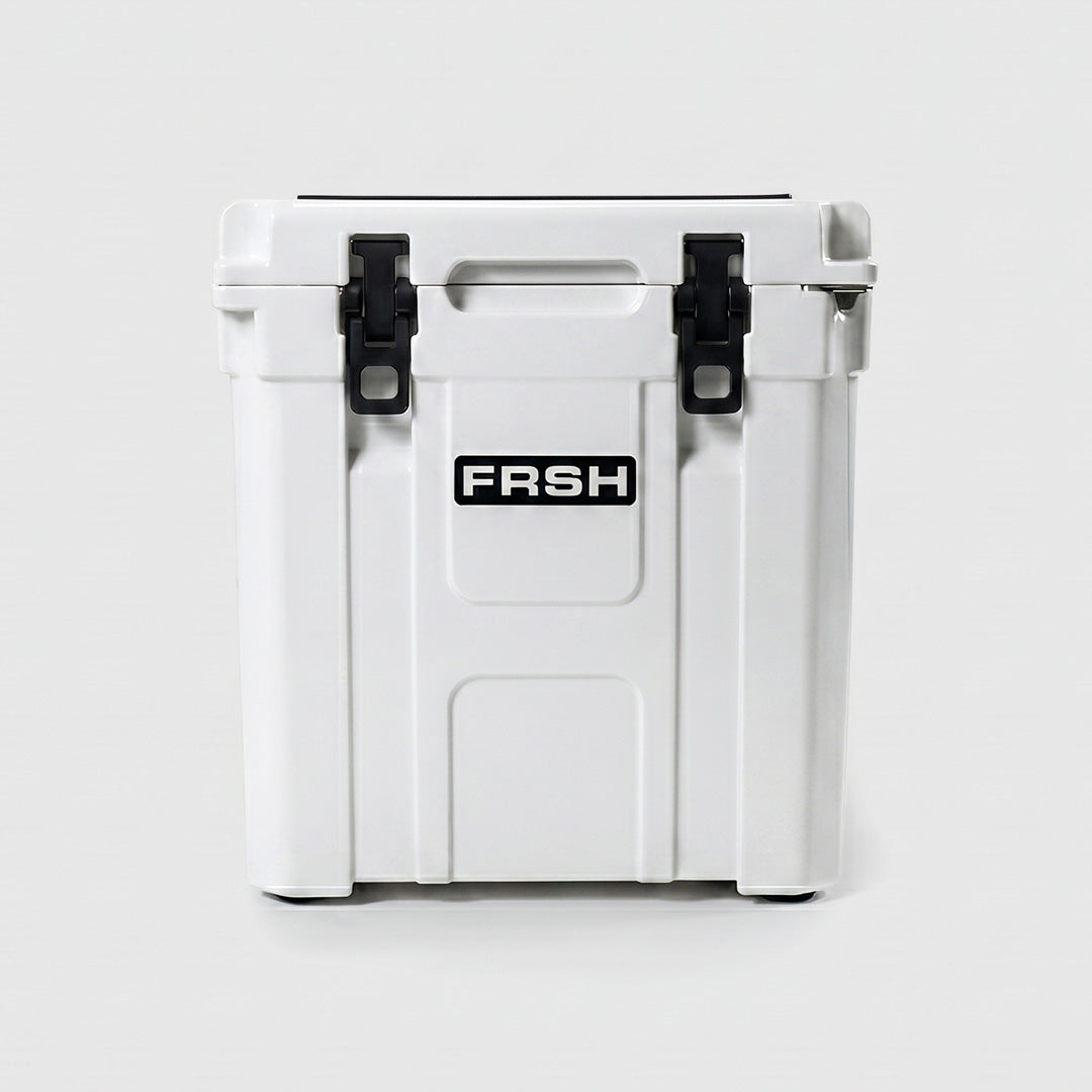 FRSH 33L white hard cooler with sturdy handle and secure lid, ideal for outdoor camping and picnics