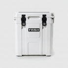 FRSH 33L white hard cooler with sturdy handle and secure lid, ideal for outdoor camping and picnics