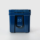 FRSH 55L hard cooler in frozen blue with sturdy handle and secure latch, ideal for outdoor trips and keeping items cold.