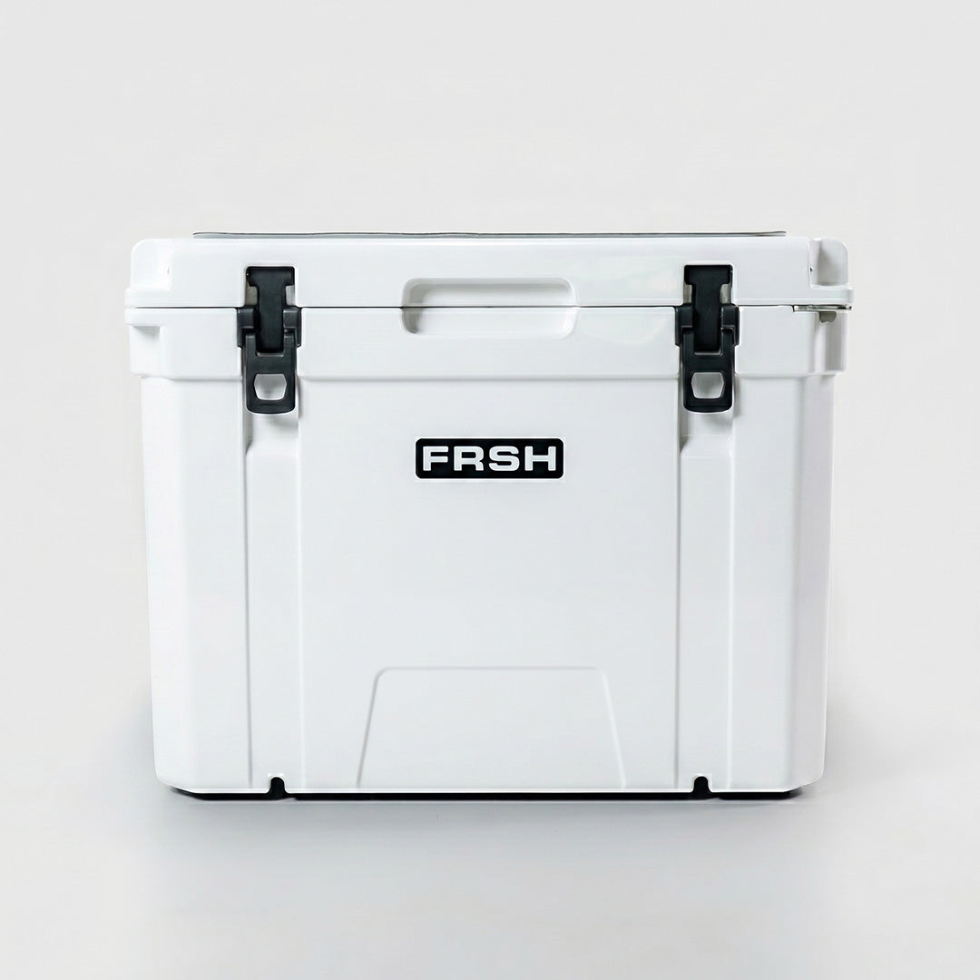 White 55L FRSH hard cooler with sturdy design, handle, and secure lid for outdoor and camping use.