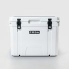 White 55L FRSH hard cooler with sturdy design, handle, and secure lid for outdoor and camping use.