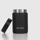 Black FRSH 375ml can cooler holding a beverage can, designed to keep drinks cold and showcase the brand's stylish insulation.