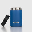 Dark blue FRSH 375ml can cooler with insulated design, keeps drinks cold, shown on a plain background.