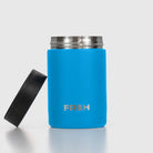 Light blue FRSH 375ml can cooler shown holding a beverage, made of insulating material to keep drinks cold.