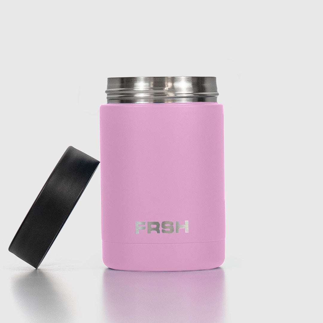 Pink FRSH 375ml can cooler holding a beverage, made of insulated material to keep drinks cold.