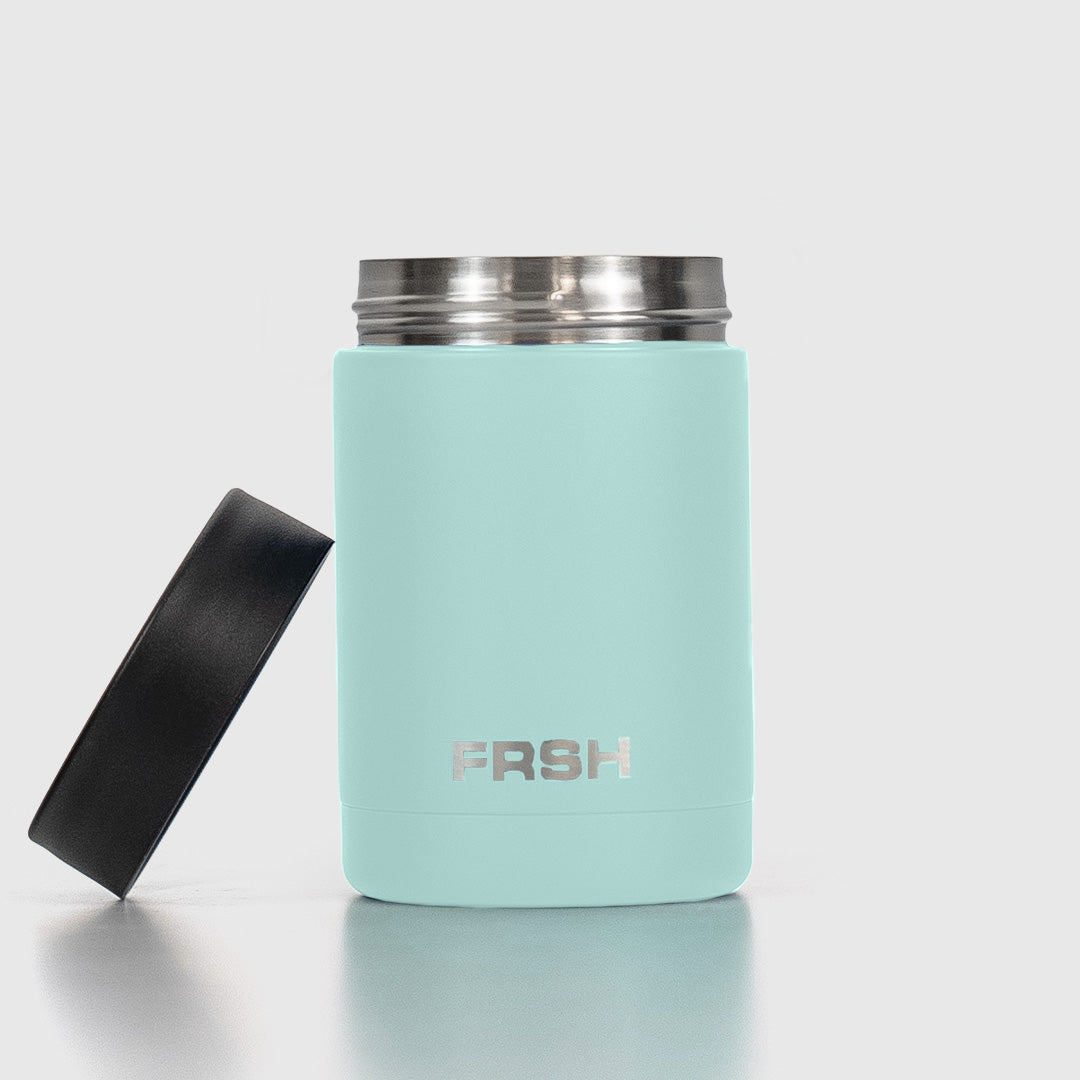 Teal FRSH 375ml can cooler with insulated sleeve, designed to keep beverages cold and fit standard cans.