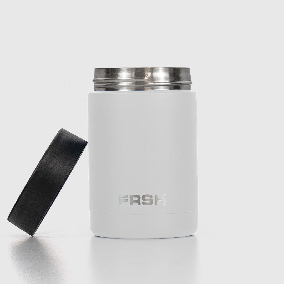 White FRSH 375ml can cooler holding a beverage can, made of insulated material to keep drinks cold.