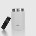 White FRSH 375ml can cooler holding a beverage can, made of insulated material to keep drinks cold.
