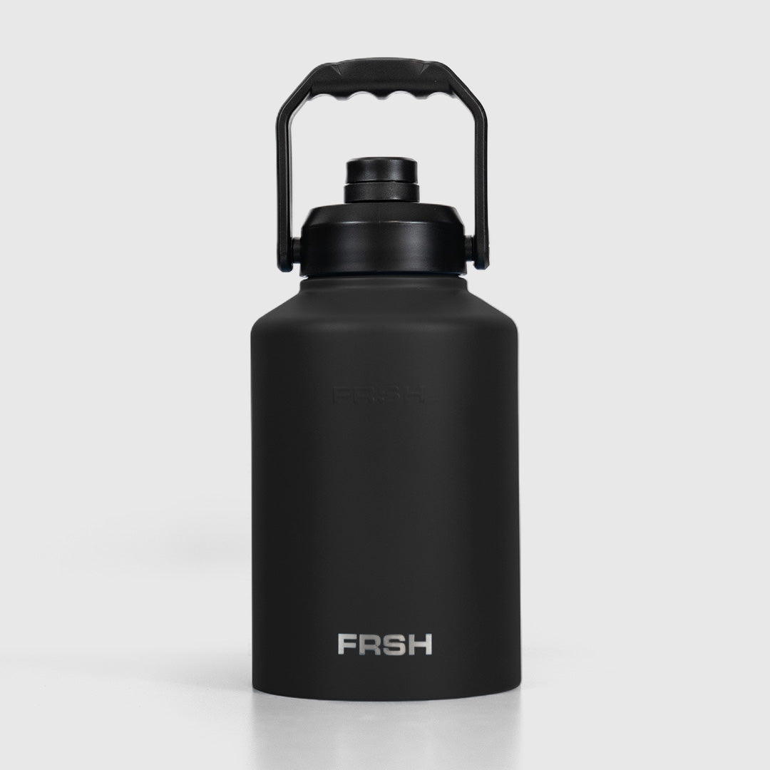 Black 3.8L FRSH bottle with chug lid, durable plastic water bottle for hydration and outdoor activities