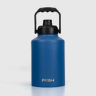 Dark blue 3.8L FRSH bottle with chug lid, durable plastic water bottle for sports and outdoor activities.
