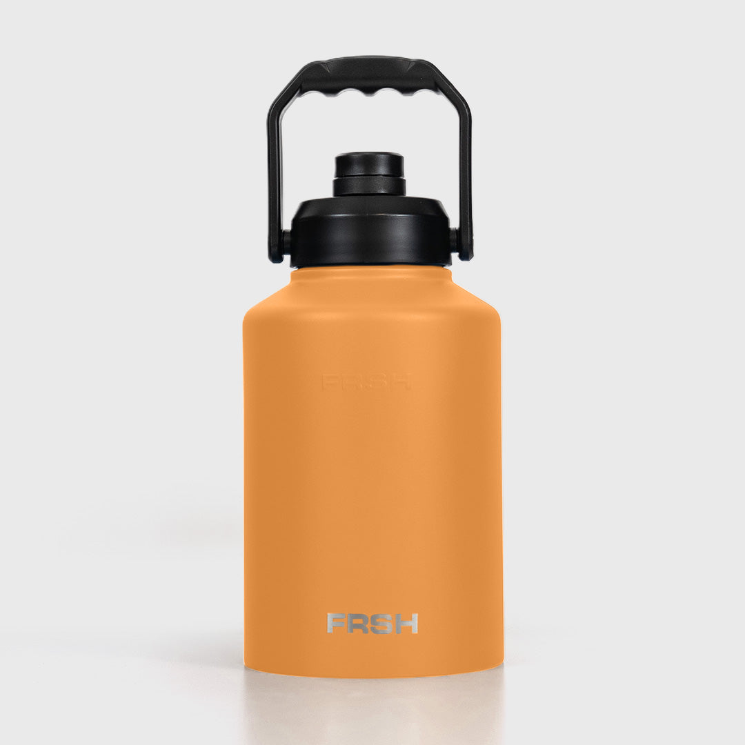 Orange 3.8L FRSH bottle with chug lid, large water container for active hydration and sports use.