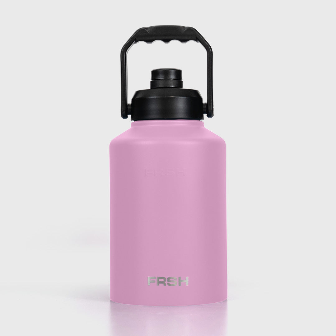 Pink FRSH 3.8L bottle with chug lid, large water bottle for hydration and outdoor activities.