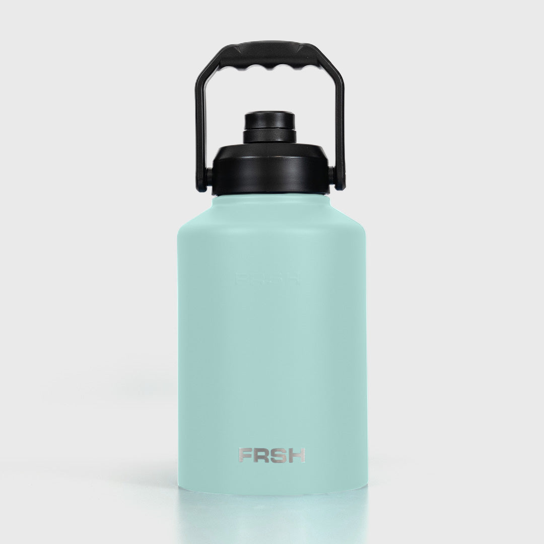 Teal 3.8L FRSH bottle with chug lid, large water bottle for hydration and sports use, featuring a secure screw-on cap.