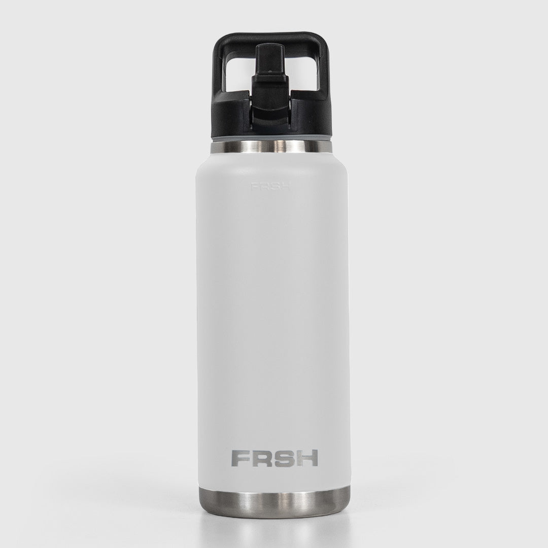 White 750ml FRSH water bottle with sip lid, durable tumbler design for on-the-go hydration.