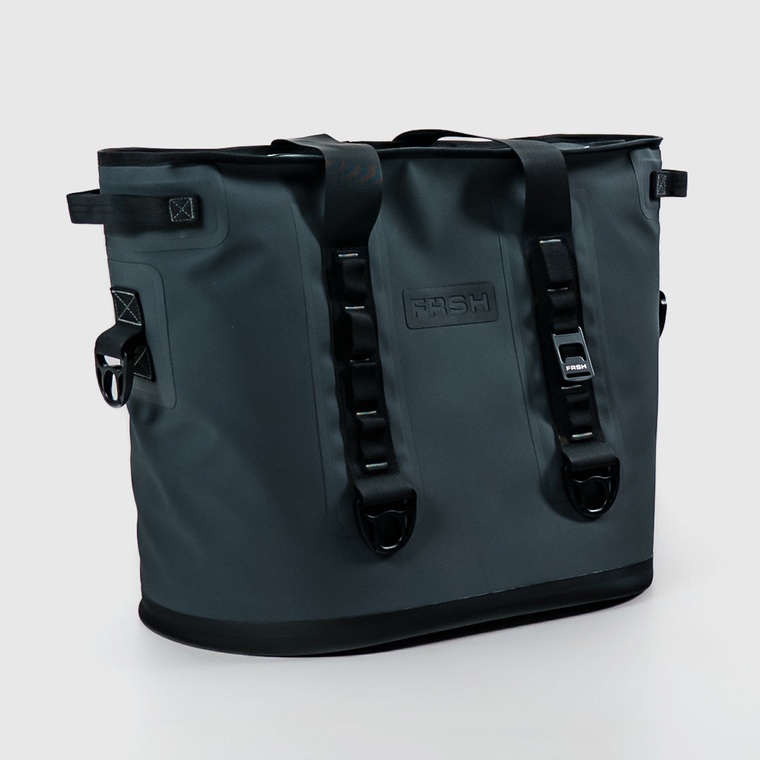 FRSH 30L soft cooler with carbon-colored exterior, insulated for keeping drinks and food cold in outdoor settings.