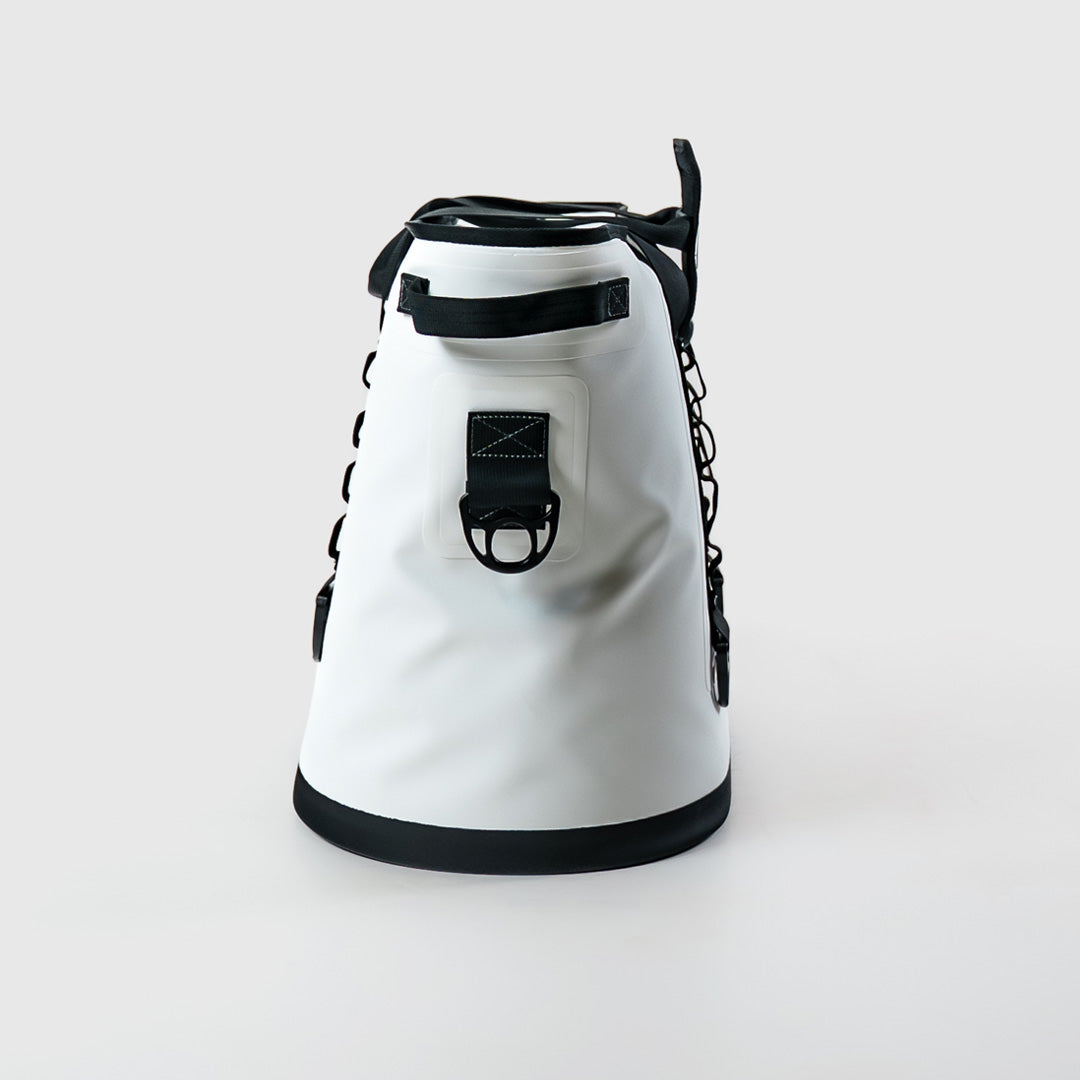 FRSH 30L soft cooler in whiteout color showing insulated fabric and adjustable shoulder strap for outdoor use