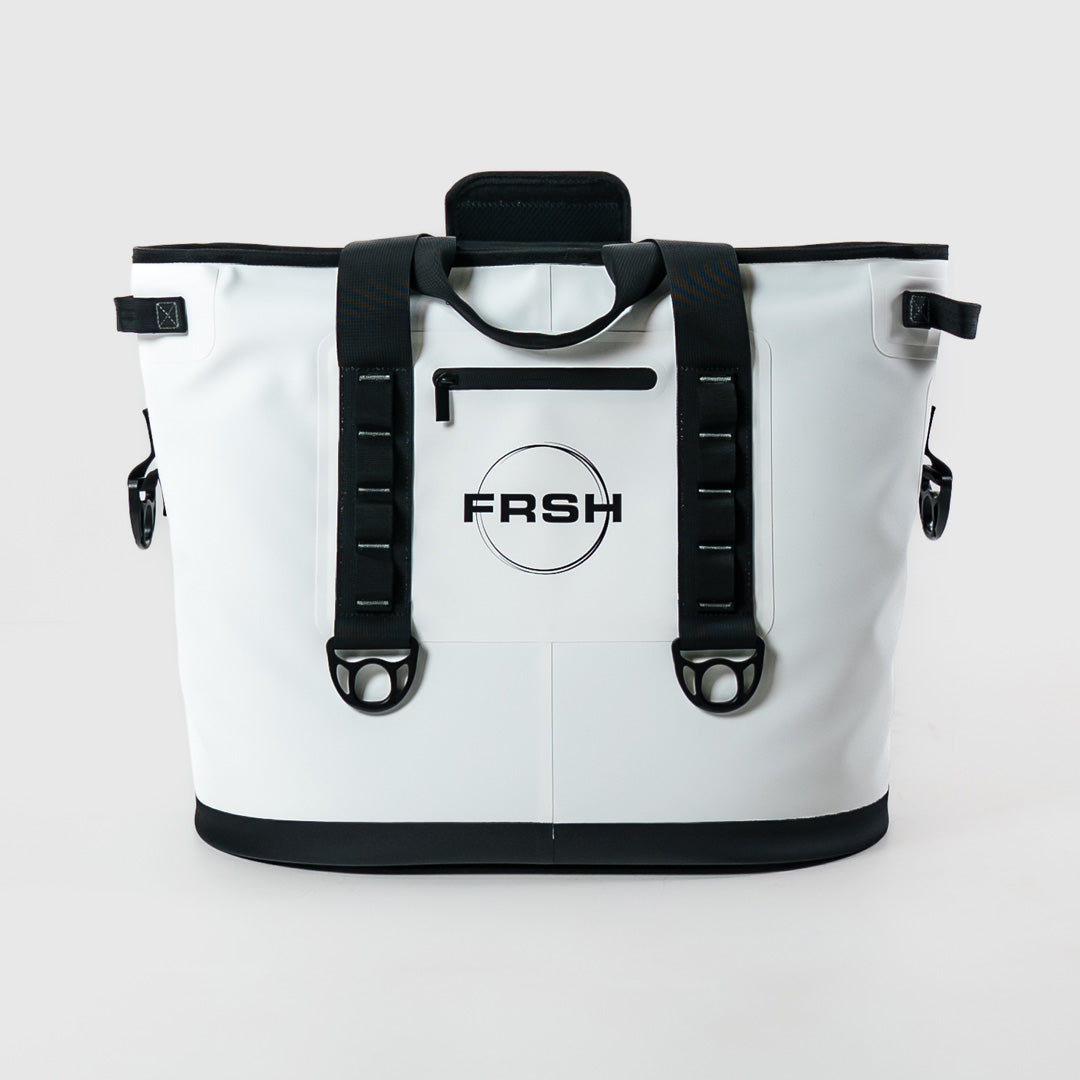 FRSH 30L soft cooler in whiteout color, featuring durable insulation and adjustable shoulder strap for outdoor use.