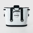 FRSH 30L soft cooler in whiteout color, featuring durable insulation and adjustable shoulder strap for outdoor use.